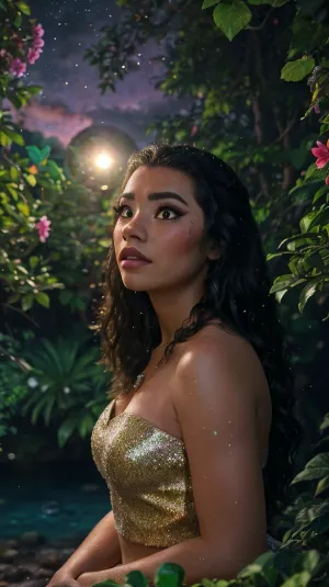 Disney Moana, Latin American, dark skin tone, Style-Moana, moana-real, <lora:Moana_v1:.5>, <lora:moana-real-v1.0-000002:.5>, <lora:s3xyg0th_20230811_henmix_LORA_512:.5>, "Cool photorealistic digital art photo of a dazzling light, beautiful dazzling stunning cave, fireflies, glowflies, glowing flowers, orbs, peaceful tranquil ethereal waterfall, water, shimmering jems, natural, reflected light, snowy, sparkling glitter everywhere, gouache, art by gerhartz, guweiz, wlop, ilya kushnikov, krenz crushart, beautiful, beautiful background, glass skin, glitter, sparkles, nice lighting, detailed, Rossdraws, 4k. detailed, dark room, side profile, looking at camera, glitter everywhere.Griffiths, Giger, glittery motif, big chunky glitter, glitter everywhere, color contrast, glitter party motif. Highly detailed, pastel, galaxy sky, meteor shower, dark dusky sunset, light peering through leaves and trees, glowing orbs, fantasy, pink, purple, dark blue navy highlights, ethereal, clouds, clouds everywhere