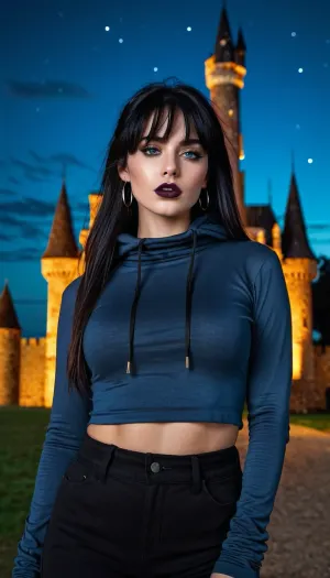 A girl with perfect scores and high detail is a photographer who takes beautiful pictures of people. She has medium-length black hair, a straight black fringe, and blue eyes. Her makeup is flawless, with dark night sky lipstick and glossy