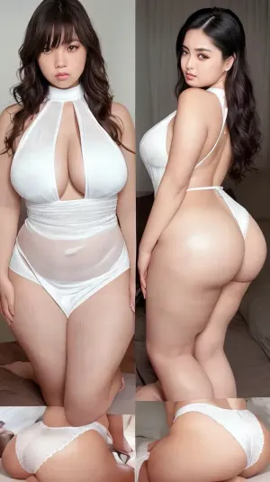 a short Korean girl, (wavy hair), bangs, ((BBW, wide hips, huge ass, slightly chubby)), ((pale)), , (bedroom background), (((very cute, adorable, curvy))), ((rear view, perfect ass, kneeling on bed)), (((skin tight, (white, shiny polyester, halter, backless, negligee)))), (full body in frame), (anatomically correct, detailed skin texture, detailed hands, detailed skin pores, realistic, detailed fingernails, high skin detail, photorealistic, hi res, symmetrical eyes)