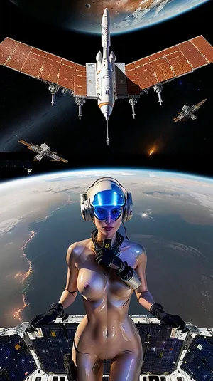 在广阔的太空中,一位穿着未来太空服的女性宇航员正在准备太空作战行动. 她站在一架大型太空航空母舰的翼上,只穿着飞行员的西装和头盔. 白色的光线