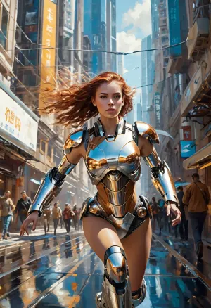 En la ciudad futurista, una chica cyborg que llevaba un cobre brillante y un traje de guerrero cromo brillante corría junto a un robot transformador de burbujas. El robot Gerhartz Guweiz Garmash estaba generando electricidad para alimentar su metal