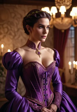 El hombre alto y apuesto elfo vestido como una mujer en un vestido de bola púrpura, con un corset, bodice cerrado y mangas largas, estaba en el escenario delante del público