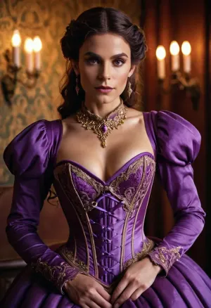 El hombre alto y apuesto elfo con rasgos afilados disfrazado de mujer en un vestido de bola púrpura, con un corset, corpiño cerrado y manga larga