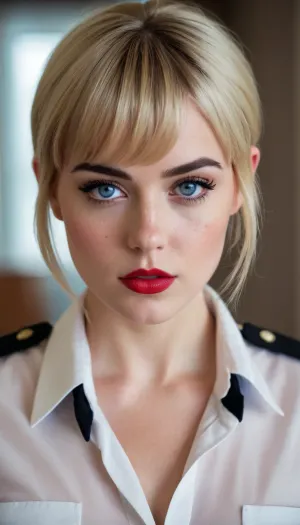 (attractive sexy 20-year-old woman, very pixie haircut, blonde hair, bangs, freckles, big blue eyes, thick eyebrows, thick red lips, black eyeliner, black eyeshadow, blush, slim body, dressed in uniform, shirt unbuttoned, breasts exposed, nude)