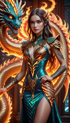 Die schöne bio tätowierte Neon goldlangen haarigen Neon schwarz-äugigen Drachen Mädchen geschlagen, goldenen Drachen im Hintergrund, F41Arm0rXL