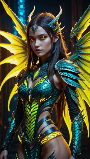 La belle fille libelloïde tatouée de néon jaune-long en plein corps, ailes, F41Arm0rXL était une vue à voir. Elle avait le pouvoir de générer et de manipuler ses propres champs d'énergie, lui permettant de voler