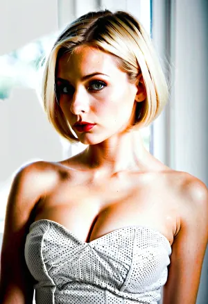 Блондинка на фото носит короткое платье с безликой верхней и большой грудью. Она смотрит на камеру с соблазнительным взглядом на ее лицо, и ее макияж безупречен. Ее помада также отлично применяется