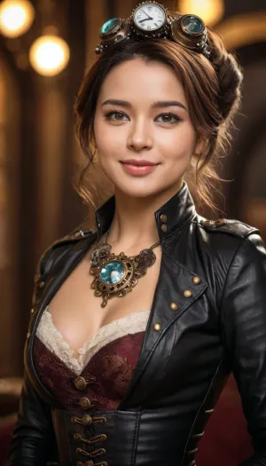 photorealistic, highly detailed, full Body close-up, sexy smile, cinematic film still beautiful woman, photograph, brooch, shallow depth of field, vignette, high budget, bokeh, cinemascope, moody, epic, gorgeous, film grain, grainy, Steampunk queen, hero view, action pose, extremely beautiful detailed piercing eyes, cinematic scene, scenery, detailed background, masterpiece, best quality, high quality, absurdres, very detailed, high resolution, sharp, sharp image, 8k, vivid, colorful, ch04xlv2, asian, leather, metal, <lora:steampunk_xl_v2:.5>, <lora:ch04xlv2:.5>