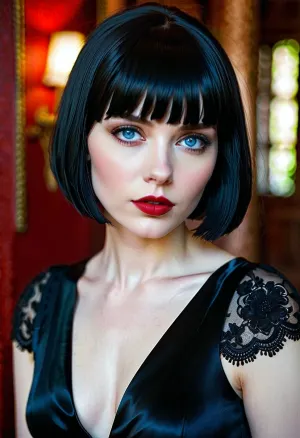 漂亮的哥特女孩坐在她的桌子上, 在笔记本电脑上打字。 她穿着黑色的胸罩,上面有大爆炸,皮肤苍白,还有红色的口红. 她的蓝眼睛被放在屏幕上 当她打字离开。 突然间,