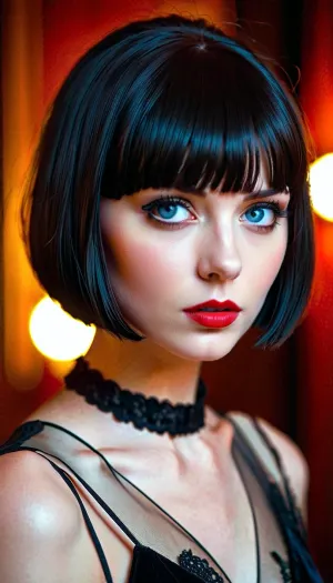 那个长着蓝眼睛和黑色短波比克的漂亮哥特女孩 心情好极了 她打开了笔记本电脑,搜索了一张AI的照片,在苍白的皮肤女孩身上产生了红色的口红. 当她点击图像时,