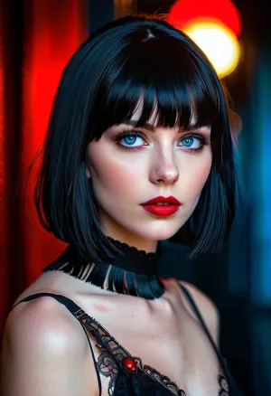 The pretty goth girl with black bobcut, blue eyes, and red lipstick sat at her desk, staring at the picture of a pale skinned girl with bangs. She couldn't help but feel drawn to the girl's beauty and wondered