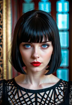 The pretty goth girl with black bobcut, blue eyes, and red lipstick was a picture of beauty. She had a pale skin tone that complemented her dark hair and eyes. She was wearing a black dress that hugged her curves perfectly,