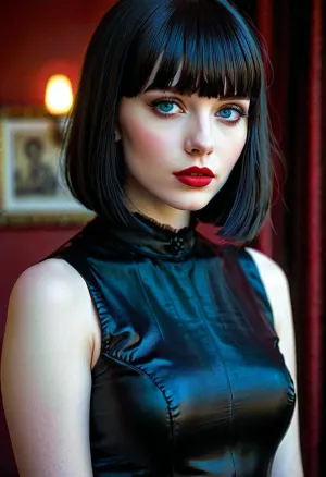 The pretty goth girl with black bobcut, blue eyes, and red lipstick was sitting in her room staring at the picture of her favorite band on her phone. She couldn't help but feel a little bit sad as she looked at their beautiful