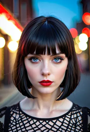 The pretty goth girl with black bobcut, blue eyes, and red lipstick was sitting in her room with a picture of a beautiful girl. She couldn't help but feel jealous of the beauty she saw in the photo. She wished she could