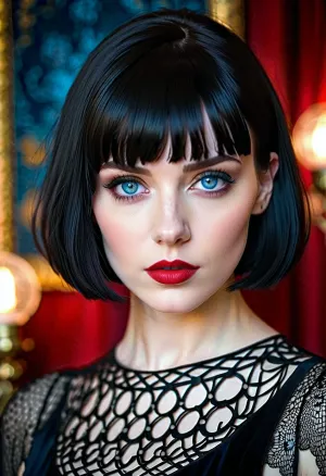 Das hübsche Gothic-Mädchen mit verführerischem Blick und kurze schwarzem Bobcut wurde in einem schwarzen Kleid gekleidet, das ihre Kurven umarmte und ihr Aussehen noch verführerischer machte. Sie hatte einen hellen Teint und roten Lippenstift, der klar machte, dass sie war