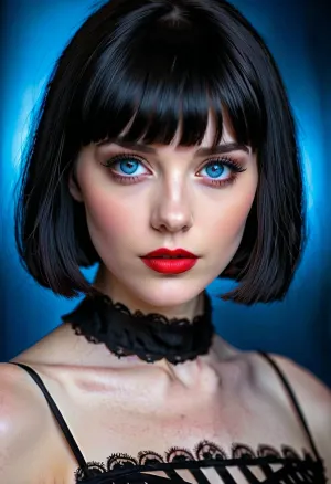 The pretty goth girl with short black bobcut, blue eyes, and red lipstick sat at her desk, typing away on her laptop