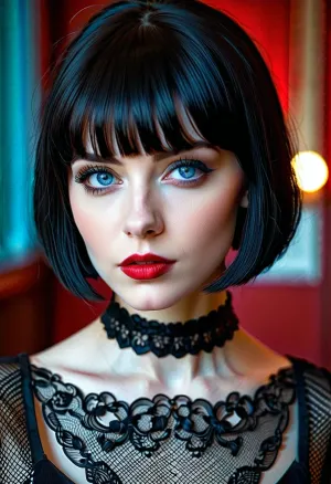 漂亮的哥特女孩 黑色短发 蓝眼睛 和红色口红 坐在她桌子上 她在笔记本电脑上打字 周围是一堆报纸和书籍 突然,她听到一个