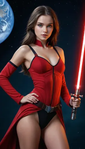 1girl, sexy jedi red uniforme, dark light, high resolution, 18 years old, cute, take a red lightsaber, in other planet, round face, view from the top, full body in frame, seduciv face, small breast, visible pussy, slim, D cup, small boobs, very white and pale skin, small lips, green eyes, thin, perfect body, sexy pose, brunette long hair, full body view, masterpiece, highest quality, insanely detailed photo, detailed skin texture, Epic photo, F41Arm0rXL, <lora:Fae_Armor_XL-000008:.5>
