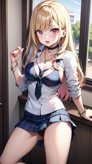 北川马里(Mari Kitagawa),一个金发女孩,眼睛穿透蓝色,多彩的喉咙,正在走下她的学校的走廊. 她穿着红色衬衫,上面印着白印和黑裤子,还有匹配的窒息项链