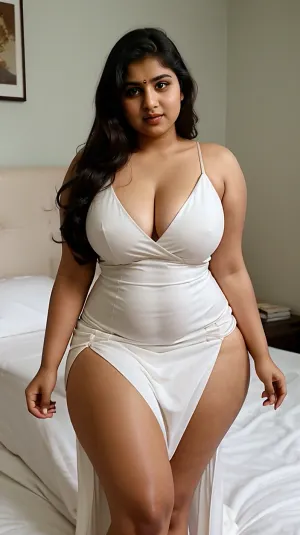 32 year old chubby, heavy set Indian woman on a bed with white sheets wearing a tight dress and facing the viewer, (up skirt pov), ((long dress)), (medium breasts), (((Thick))), ((thick legs)), (((broad shoulders))), (thick arms), fat1, 1.2.5