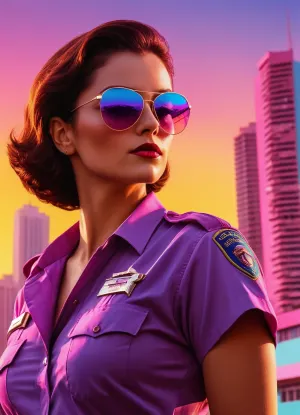 戴着太阳镜的美丽女警的数码艺术肖像, 最小化高对比度的光线, 和合成波日落彩色调色板是一部令人惊叹的艺术作品