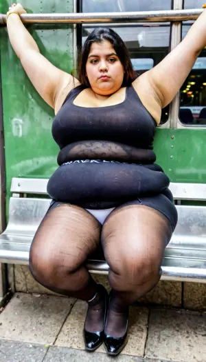 La donna indiana, con il suo corpo paffuto e il seno pieno, si sedette sulla panchina della metropolitana con le gambe aperte. Ha lampeggiato una coscia di pantyhose-clad bianca sotto la sua gonna corta nera