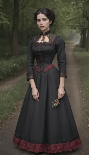 L'immagine ha raffigurato una donna splendida in un elegante vestito nero che si curtsying di fronte a una strada in stile spagnolo con ciottoli, finiture rosse, e occhi verdi luminosi