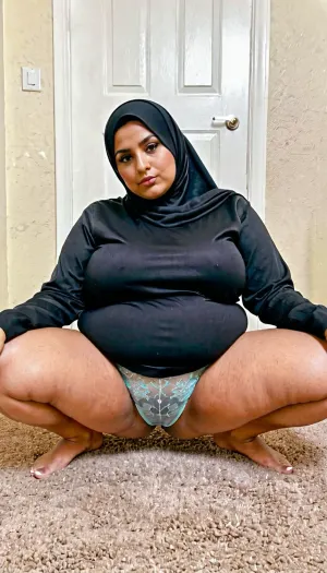 (Full body shot), Chubby mature Arab woman sitting on the floor wearing a hijab and showing her knickers, (fat:1.1)