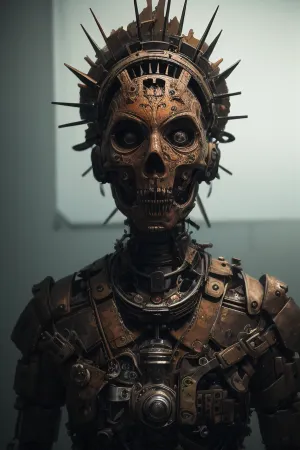 mechanical, animatronic, rust, junk, cluttered, dark and moody, a mesmerizing blend of light and shadow. masterpiece, absurdres, intricate details