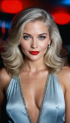 In the 1980s, a supermodel with dark hair and heavy makeup was photographed in a nightclub setting. She had full lips, silver blonde hair, and blue grey eyes