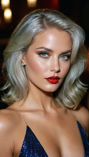 In the 1980s, a supermodel with perfect eyes and makeup walked into a dark nightclub setting. She had full red lipstick, heavy makeup, and blue grey eyes that sparkled in the dim light. Her blonde hair was styled in