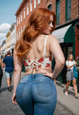 18 years old girl is unaware that she has a ultra bombshell body. beautiful sexy bubble butt redhead, young, juicy body, cute, ultra juicy big ass, long straight cut red hair, fresh cut hair hanging down straight her back, tight raw denim jeans, white floral summer crop top, tiny halters, light summer bustier, walking down the street in summer, good hands, good ass, godly ass, perfect fingers, view from behind, unintentionally super sexy and lewd, fully clothed big booty. voyeur, she is unaware of being observed, , (BEST QUALITY), (Best Details), (Ultra High Resolution), (dramatic volumetric Lighting), (best lighting), (Best Textures), (best shadow), masterpiece, Shot on nikon Z9