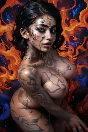 टैटू और एक आदर्श शरीर के साथ एक महिला एक कामुक मुद्रा में है, उसकी आँखें बंद हो जाती हैं और उसका चेहरा आराम से हो जाता है। वह रेशमी तार से घिरा हुआ है जो उसके शरीर के चारों ओर लपेटता है, जिससे रंगीन psychedelic का सपना दिखता है