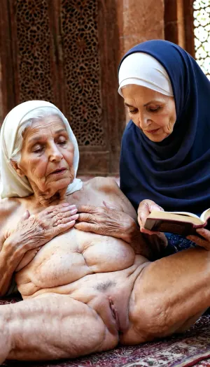 Zwei alte Grinsen, eine mit einer sanften leeren Muschi und die andere mit einer sanften leeren, versteckten sich hinter einigen Bücherregalen in der Moschee, als sie einen alten Mann sahen, der durch das Fenster stieß. Er starrte sie an