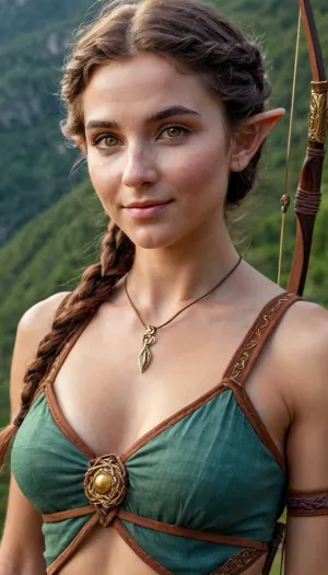 The woman in the picture is an ultra-detailed beautiful elf female archer in the Crimean mountains, wearing a yellow bodysuit with intricate design and details. She has a gymnastic body with massive bobs hair with sidelocks. Her nose
