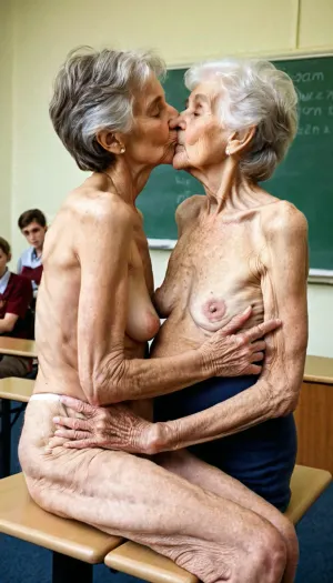 <lora:276883_training_data:.5>, 18-years-old man is kissing nipples of an very old granny, 98-years old, skinny and bony body, anorectic, saggy wrinkly empty hanging breasts, saggy hollow belly ribs showing in front of the entire university class. Granny with legs apart showing hairy pussy full body view, holding penis in hand