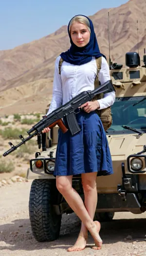 Petite skinny girl standing in hijab, muslim hijab, (petite skinny), (blue eyes), pale skin, full skirt, holding ak-47 rifle in hands, perfect hands, (Full body view), (up-armored HUMVEE in distance), mountain desert background, perfect feet, (barefoot:1.4), (perfect face), high definition, high definition photograph, hijab, ak_74, RealFeet, <lora:burqa:.5>, <lora:faces_v3:.5>, <lora:ak_74_SDXL:.5>, <lora:RealFeet:.5>