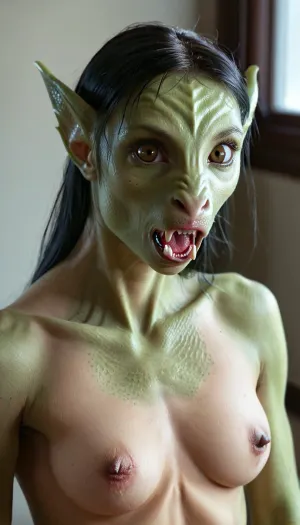 In a world where dragons are real and AI is advanced, a muscular dragon with big spread alien vagina, veiny vascular dragon fangs, dragon eyes that glow in the dark, pointed ears that can hear from miles away, and a dragon tail that