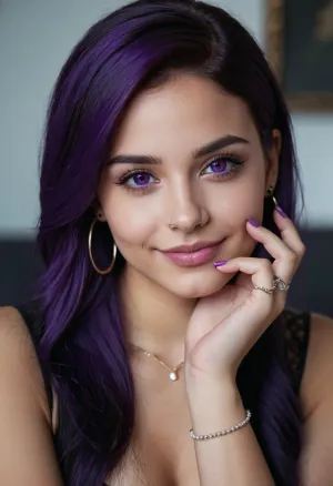 1girl, solo, lip_piercing, long_hair, looking_at_viewer, piercing, realistic, ring, hand_on_own_face, black_hair, jewelry, smile, lips, purple_hair, nose_piercing, head_rest, parted_lips