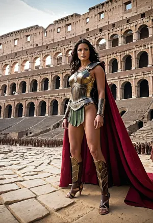 Livia, ein auffallendes 30-jähriges europäisches Mädchen voller Körperporträt mit maximalem Text. Text: Livia, die Ferocious Rose, stand im Kolosseum der Arena zum Kampf. Ihre Rüstung war eine Mischung aus poliertem Stahl