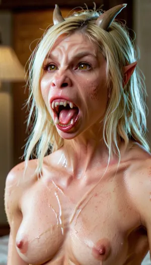 Sarah, 금발의 여학생, was infection by a parasite that turn 그녀의 into the veiny muscular, 말라 붙은 소녀 와 glowing green 눈 과 날카로운 이. 그녀의 몸은 그녀가 땅에 숭배로 땀에 덮여, 그녀의 마음이 소모