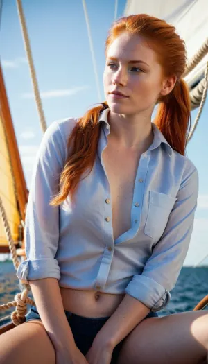 The redhead was sitting in a boat, wearing only a casual shirt and her nipples were exposed. She couldn't help but notice the college age guy with the ponytail standing on the deck of the boat. He had his hands on his