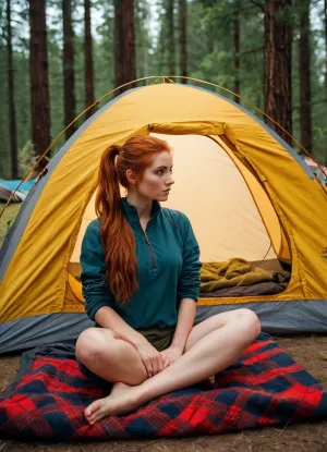 La rouquine avec la queue de cheval et la tente faisait une pause de son voyage de camping, mais la petite tente et la couverture inconfortable n'étaient pas assez pour la garder au chaud la nuit. Elle aurait aimé avoir apporté une photo de son petit ami au lieu d'une photo de