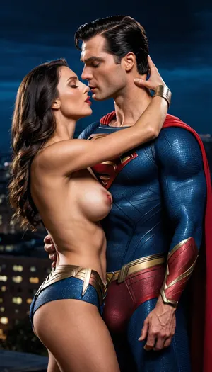 Superman e Wonder Woman fanno l'amore appassionato nel bel mezzo della notte, i loro corpi si intrecciano in un abbraccio sensuale. I loro baci sono pieni di passione e di desiderio, mentre esplorano i loro corpi con le loro mani e lingue. Le luci della città