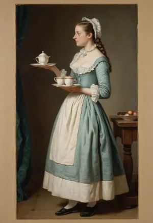 Uma pintura de pastel encantadora retrata uma empregada carregando uma bandeja de chocolate quente e água em um avental branco estrelado, enquanto segurando um copo de porcelana com chocolate e água na outra mão