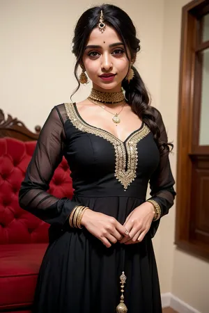 一个穿着黑色的阿纳卡利西装的克什米尔年轻女孩, 白白的皮肤,和马尾巴的粗壮身材站在镜子前, 她很自信,准备以她惊人的外貌 迎接世界