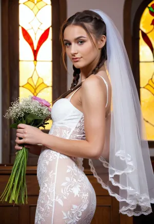 युवा महिला वेदी पर खड़ी थी, उसका चेहरा उत्तेजना के साथ चमक रहा था क्योंकि वह अपने प्रिय की आँखों में नजर आती थी। वह एक आश्चर्यजनक सफेद मत्स्यस्त्री शादी की पोशाक पहन रही थी, जिसमें जटिल डच ब्रेड विवरण और एक पारदर्शी फीता वील शामिल था जो नीचे गिर गया था।