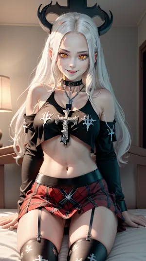 masterpiece, best quality, bedroom, close up, 1girl, breast grab, undressing, smug, smile, long hair, white hair, yellow eyes, demon horn, medium breasts, navel, bare shoulders, underboob, choker, black shirt, (print on shirt:1.2), (black metal print:1.4), red plaid skirt, rings, chains, thigh strap, (religious cross:1.3), black tighhighs, <lora:add_detail:.3>, <lora:DeathMetal:1>