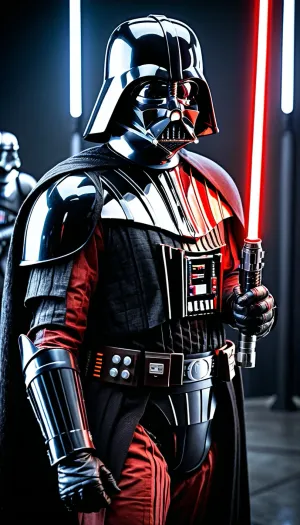 Create me a Photorealistic image of Darth Vader in his armor, based on the movies., (((In his left hand he carries his red lightsaber and with his right hand he projects lightning:1))), , (8k resolution, best quality, ultra detailed, masterpiece, finely detailed, high resolution, professional photography)