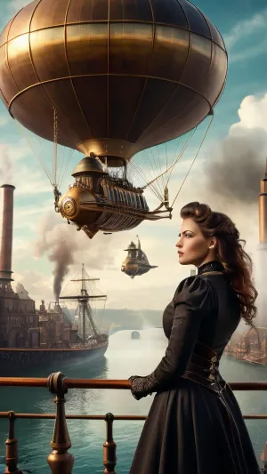 Steampunk world, flying ships, airships, planes with smokestacks, Steampunk girl, art